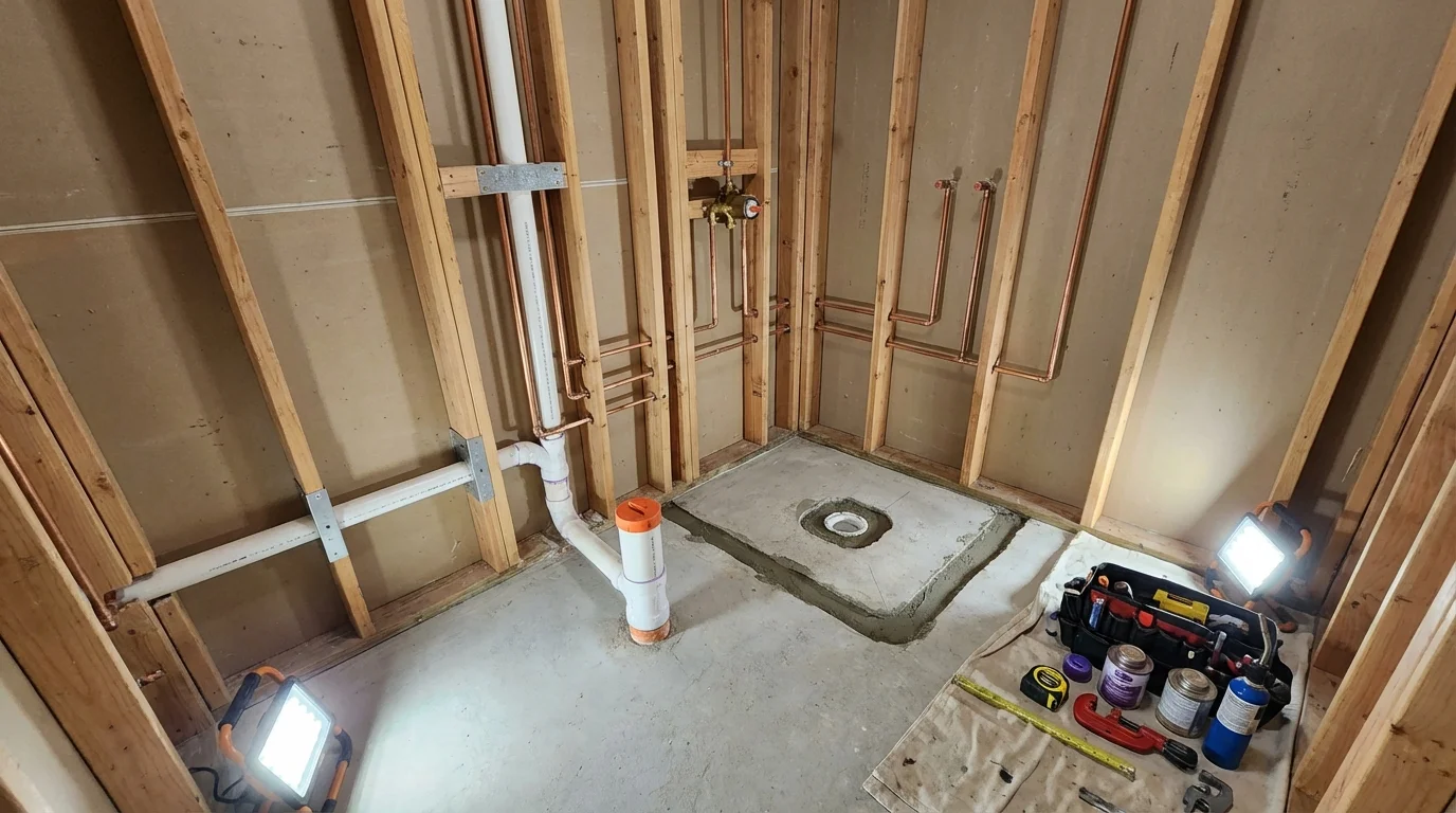 Bathroom rough-in plumbing during remodel by Johns Plumbing LLC in Prairie Grove