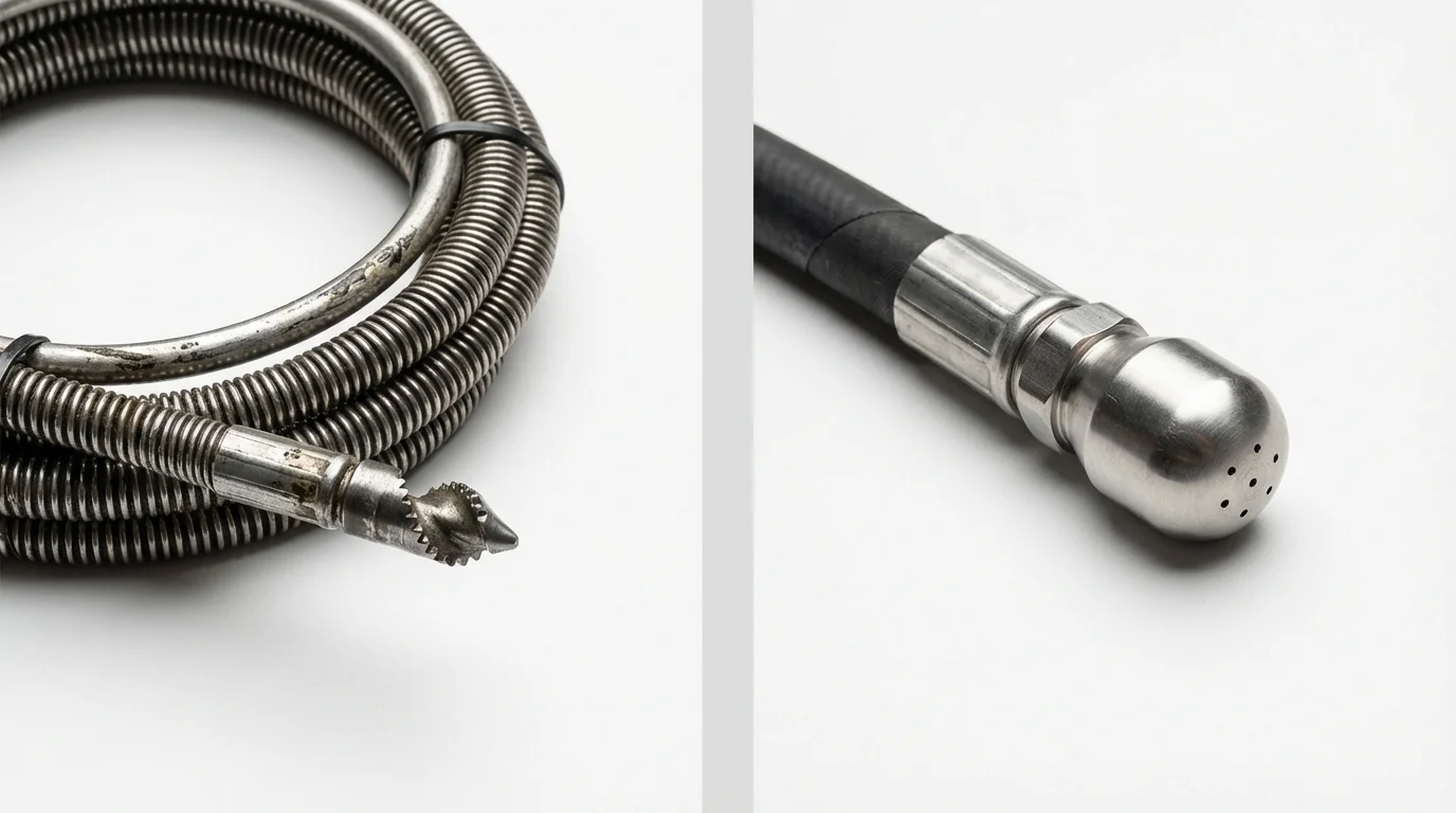 Drain snake cable and hydro jetting nozzle used for drain cleaning in Prairie Grove, AR