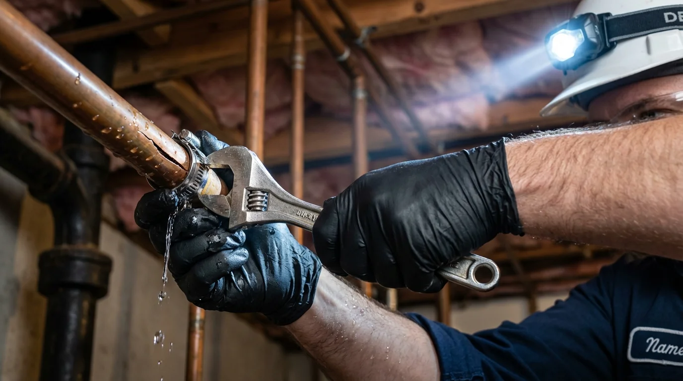 Emergency pipe clamp repair being performed by a Johns Plumbing LLC plumber in Prairie Grove