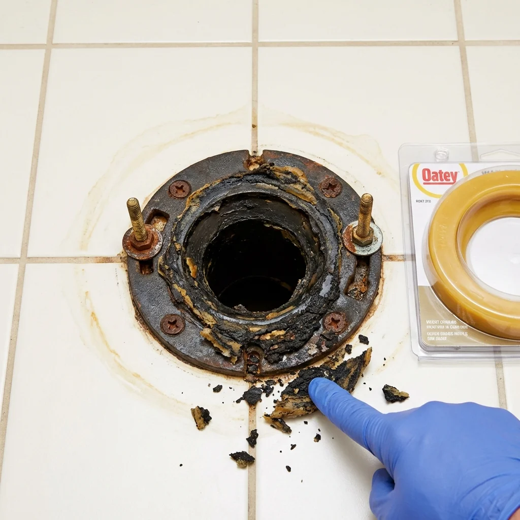 Failed wax ring showing water seepage at the base of a toilet in a Prairie Grove, AR home