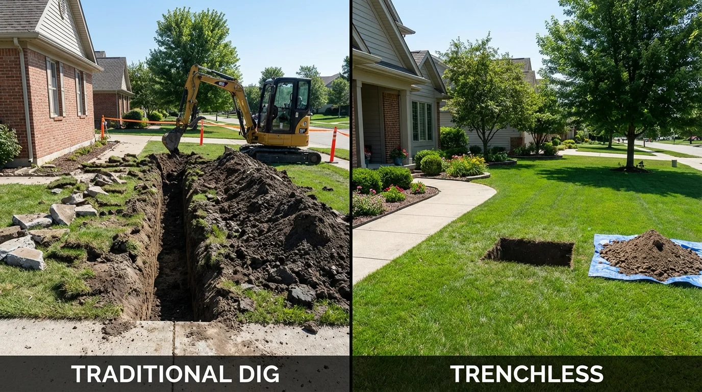Trenchless sewer repair with minimal yard damage versus traditional excavation in Prairie Grove, AR