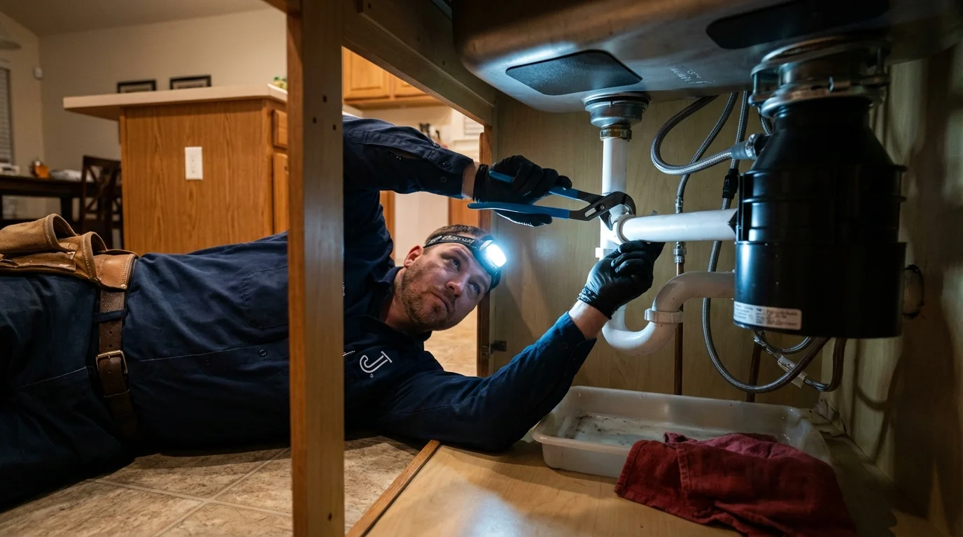 P-trap and supply line connections under a kitchen sink showing a common leak point in Prairie Grove, AR